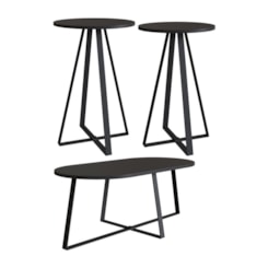 Conjunto Mesa de Centro e Duas Mesas Laterais Redondas ATS Preto