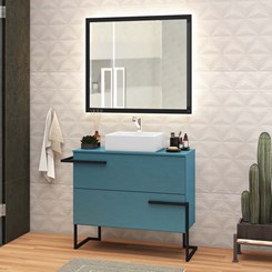 Gabinete Para Banheiro com Cuba Branca 03 Gavetas e Espelheira Viso BSI Azul